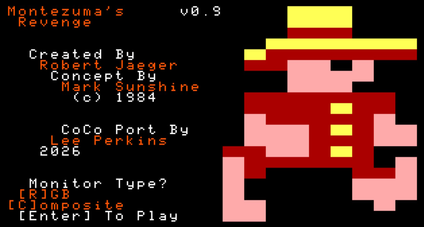 The loader screen: title, version 0.9, credits, a large pixel drawing of Panama Joe, and a prompt asking Monitor Type, R for RGB, C for Composite, Enter to play.