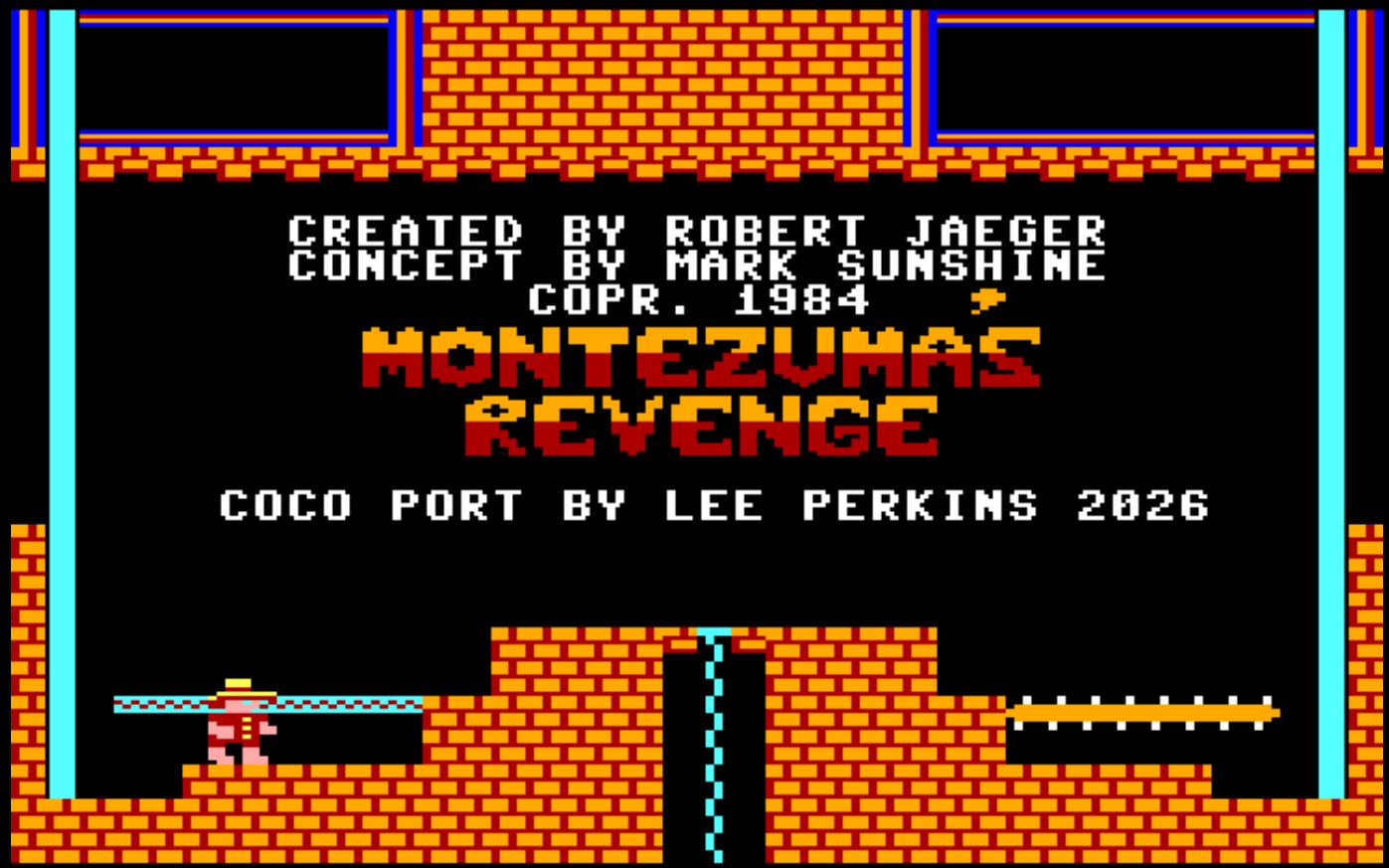 The game's title screen: an orange brick room with the Montezuma's Revenge logo in red, credits to Robert Jaeger and Mark Sunshine, and Panama Joe standing on a ledge beside a rope.